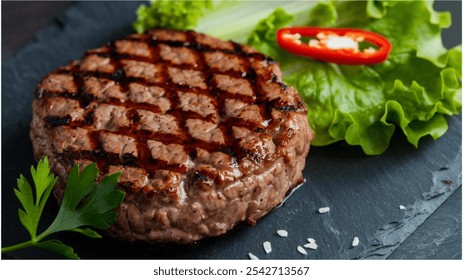 Grilled Meat Patty: A seared grilled patty with a glossy exterior, served with fresh lettuce, red chili pepper, and parsley, placed on a dark stone surface. - Powered by Shutterstock