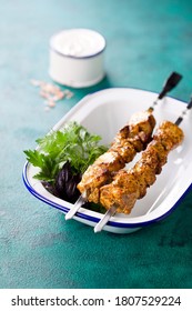 Grilled Meat Skewers, Shish Kebab In Yogurt Marinade, Selective Focus