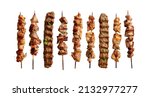 Grilled meat skewers variety isolated on white, Souvlaki chicken and pork, kebab doner. Greek grill food, top view. Design element