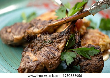 Grilled Meat steak on bone, close up shot. Hearty meat lunch garnished with parsley. Long bone tomahawk rib eye steak. Soft focus. Horizontal format.