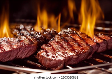 Grilled meat steak on stainless grill depot with flames on dark background. Food and cuisine concept. - Shutterstock ID 2203020861