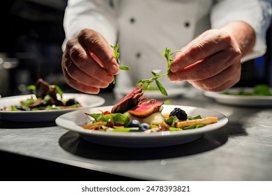 Grilled Medium Rare top sirloin beef steak or rump steak on a steel tray. Dark background. - Powered by Shutterstock