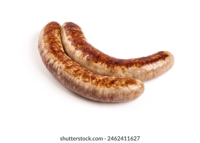 Grilled Munich Sausages, close-up, isolated on white background.