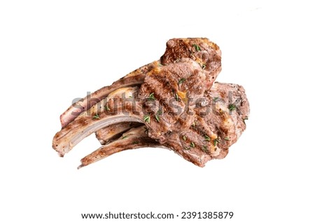 Grilled New Zealand Lamb Chops, mutton cutlets on wooden board. Isolated, white background