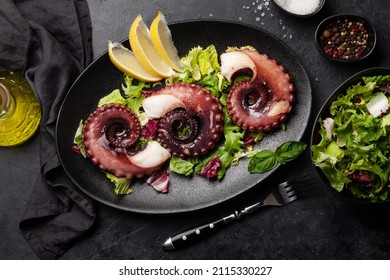 Grilled Octopus And Salad. Top View Flat Lay