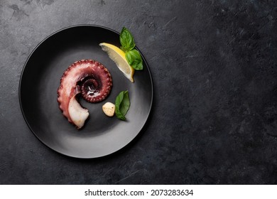 Grilled Octopus. Top View Flat Lay With Copy Space