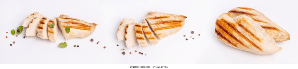 Grilled pieces of chicken breast with shadows on a white background. the grilling season. The grilled chicken slices are with a mix of pepper peas and fresh basil leaves - Powered by Shutterstock