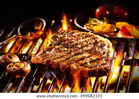 Grilled pieces of delicious rump steak garnished with herbs and sauce alongside mushrooms and vegetables over flames
