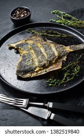 Grilled Plaice, Balanced Healthy Food. Gray Background, Top View, Space For Text