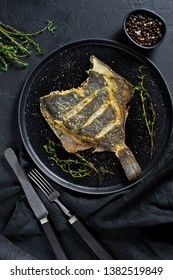 Grilled Plaice, Balanced Healthy Food. Gray Background, Top View, Space For Text