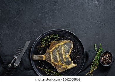 Grilled Plaice. Gray Background, Top View, Space For Text