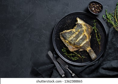 Grilled Plaice. Gray Background, Top View, Space For Text