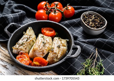 Grilled Pollock Or Coalfish Fillets In A Pan. White Background. Top View