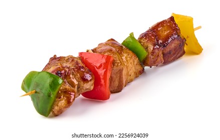 Grilled pork barbecue, roasted shish kebab, isolated on white background