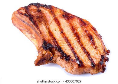 Grilled Pork Chop With Stripes On White Background. Isolated, Close-up