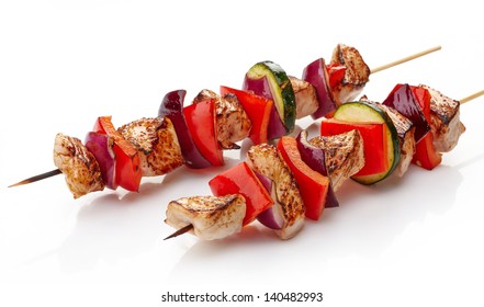  grilled pork fillet and vegetables isolated on white background, pork barbecue