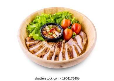 Grilled pork jowl favorite Thai street food on white background wih clipping path