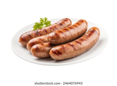 Grilled pork sausages on a plate with parsley garnish, ready to serve isolated