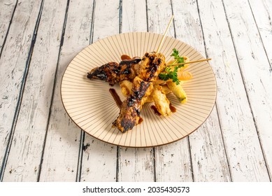 Grilled Pork Tenderloin Skewers With Vegetable Tempura With Soy Sauce