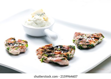 Grilled Poultry Meat With Herbs Served With Blue Cheese Dip