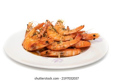 Grilled Prawns, With Garlic And Parsley. Isolated On White Background. Spanish Food Concept.