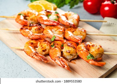  Grilled Prawns On Wooden Skewers, Shrimp Kebab