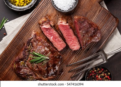 Grilled Ribeye Beef Steak, Herbs And Spices. Top View