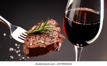 A grilled rib-eye beef steak seasoned with rosemary and accompanied by red wine, all set against a black background. The steak, perched on a fork,is garnished with rosemary and sprinkled with sea Salt - Powered by Shutterstock