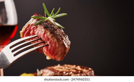 A grilled rib-eye beef steak seasoned with rosemary and accompanied by red wine, all set against a black background. The steak, perched on a fork,is garnished with rosemary and sprinkled with sea Salt