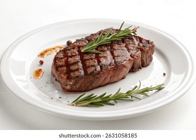 Filete de tribeye a la parrilla con marcas de parrilla, adornado con romero en un plato blanco. Filete de carne de res jugoso y perfectamente cocinado aislado sobre fondo blanco. Ideal para menús, anuncios de comida o blogs de cocina.