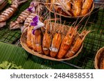 Grilled River Prawn in the wood basket. Thai Street food