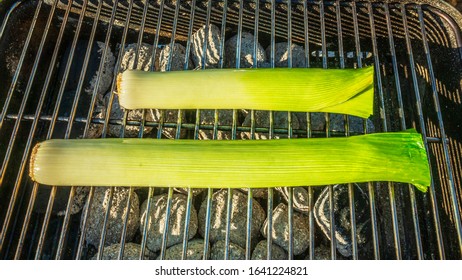 Grilled Romaine Lettuce Halves On The Barbecue. Cooking Concept.