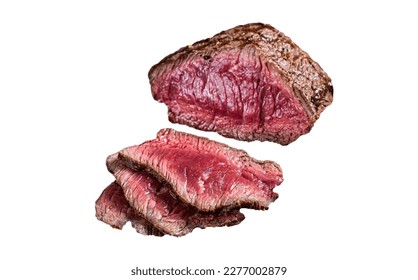 Grilled Rump sirloin steak sliced on a tray with herbs. Isolated on white background - Shutterstock ID 2277002879