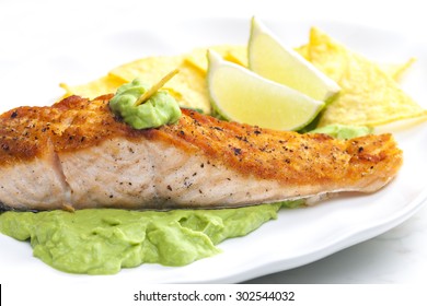 Grilled Salmon Fillet With Avocado Sauce And Nachos