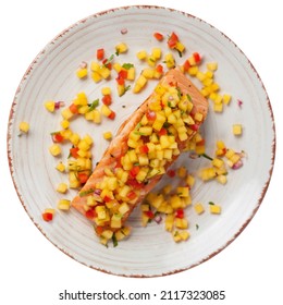 Grilled Salmon Fillet With Mango Salsa Isolated On White Background. Healthy Eating