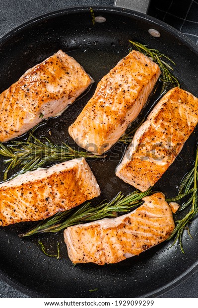 Grilled Salmon Fillet Steak in a pan. Black\
background. Top view.