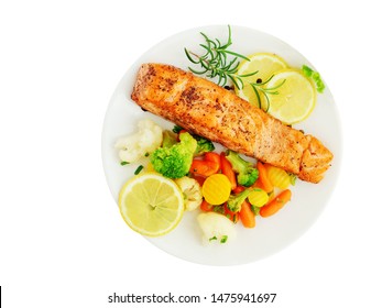 Grilled Salmon Fillet With Vegetables, Lemon And Rosemary Over White Plate Isolated, Top View, Overhead. Ketogenic Diet Food For Weight Loss.