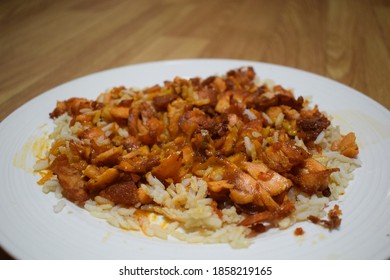 Grilled Salmon Fish, Brown Rice And Tikka Masala Sauce Dinner Food Flavor Seasoning On White Plate 