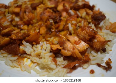 Grilled Salmon Fish, Brown Rice And Tikka Masala Sauce Dinner Food Flavor Seasoning On White Plate 