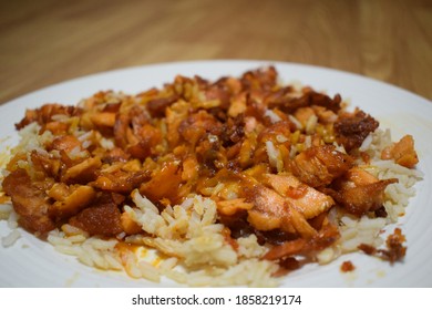 Grilled Salmon Fish, Brown Rice And Tikka Masala Sauce Dinner Food Flavor Seasoning On White Plate 