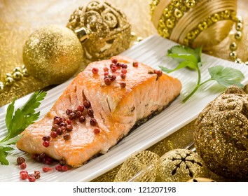 Grilled Salmon With Pink Pepper On Christmas Table