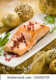 Grilled Salmon With Pink Pepper On Christmas Table