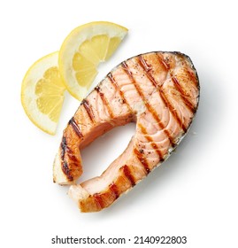 Grilled Salmon Steak Isolated On White Background, Top View