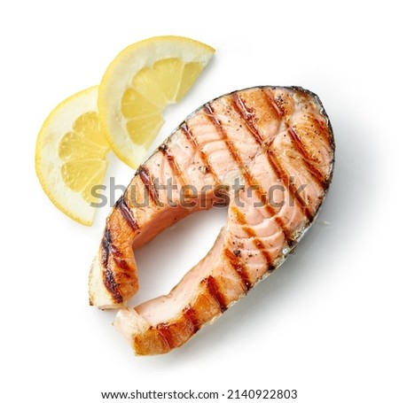 grilled salmon steak isolated on white background, top view