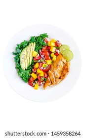 Grilled Salmon Trout With Mango Tomato Salsa And Greens. Isolated On White. Top View.