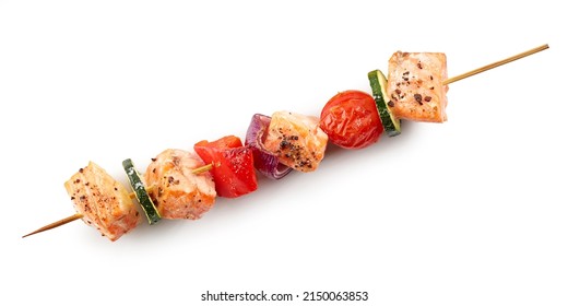 Grilled Salmon And Vegetable Skewer Isolated On White Background, Top View