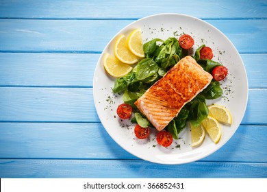 Grilled salmon and vegetables  - Shutterstock ID 366852431