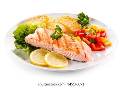 Grilled Salmon And Vegetables On White Background 