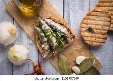 Grilled Sardine Fish Sandwich With Garlic And Olive Oil