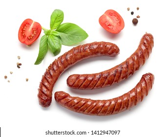 grilled sausages isolated on white background, top view